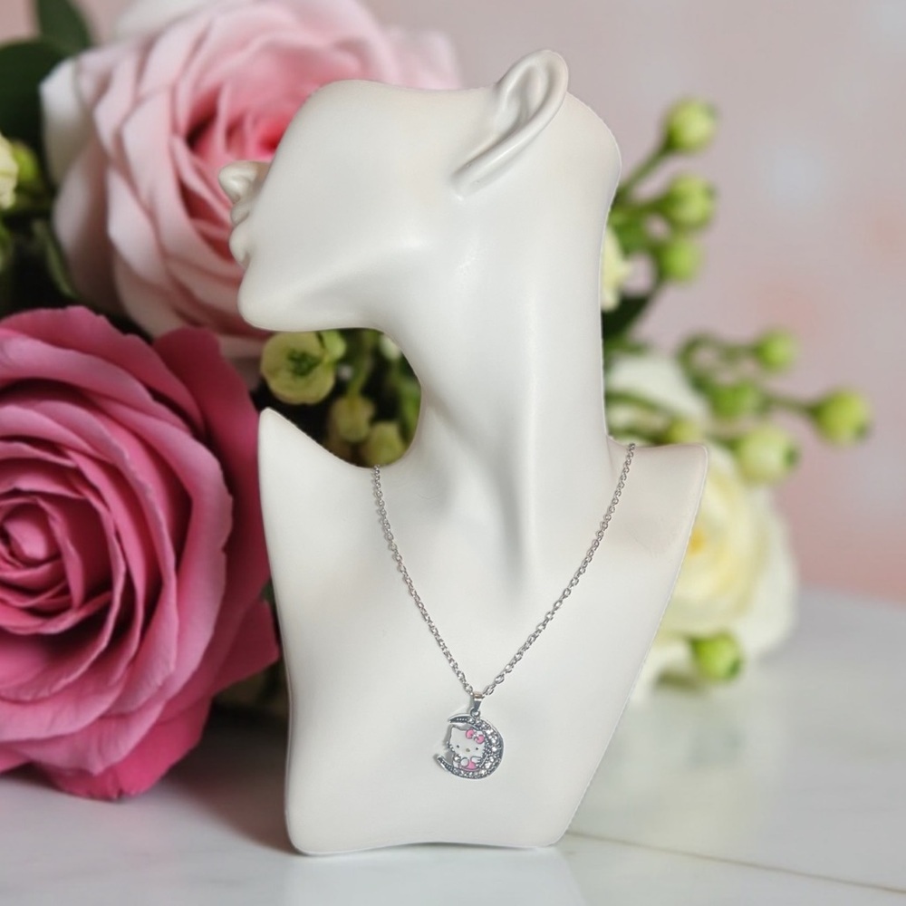 Clearance Hello Kitty Silver& Pink Crescent Moon Pendant Necklace - Nwot